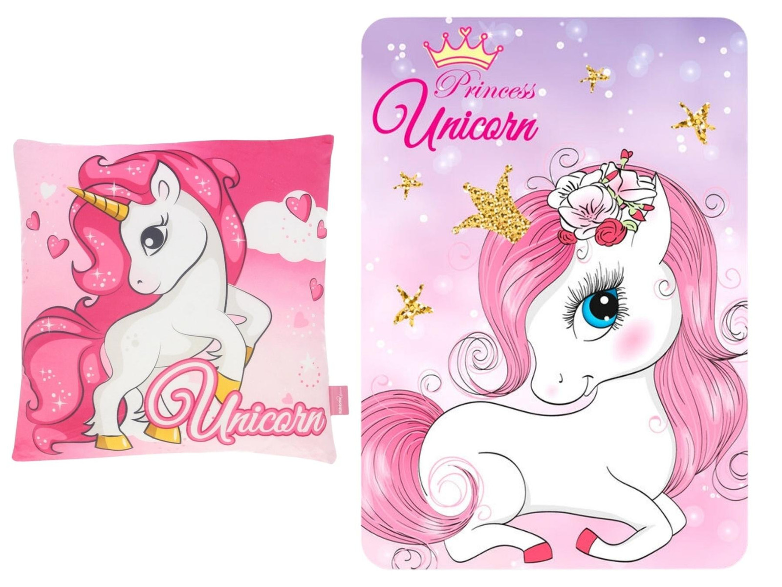 Unyqoos Eenhoorn slaapset met fleece deken en kussen, roze-paars prinsessen design voor kinderen