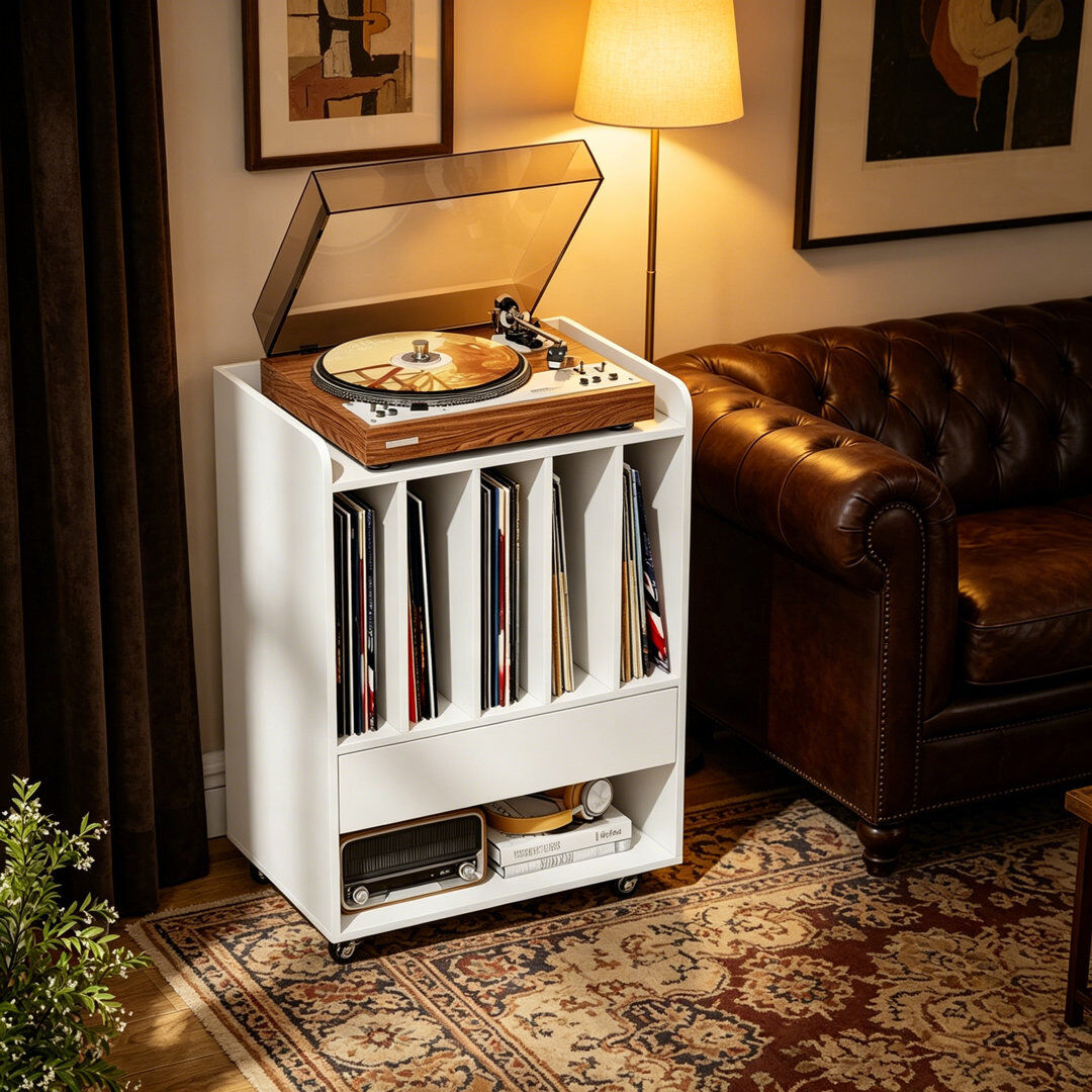 Rebrilliant Rolling Record Player Table on Wheels White 73cm H X 52cm W X 35.5cm D
