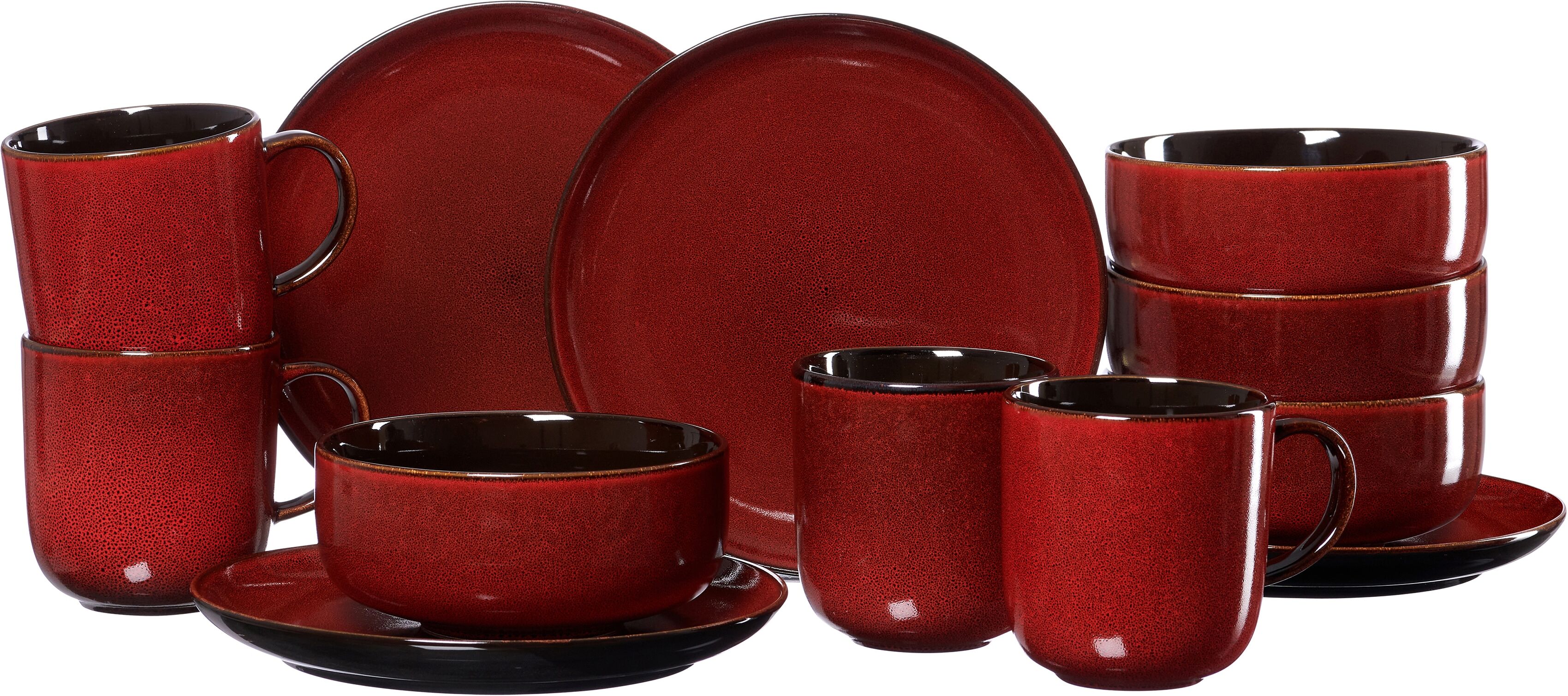 Frühstücks-Geschirrset RITZENHOFF & BREKER "Service, Gambia (Teller, Schale, Kaffeebecher)", rot, 12 Stk., Steinzeug, Geschirr-Sets, Frühstücks-Geschirrset, Reativglasur, jedes Teil ein Unikat, 12 Teile, für 4 Personen rot 12 Stk.