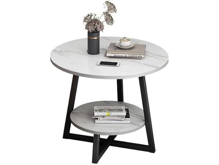 TEFEVIE Beistelltisch, Tisch, 2 Etagen Faux Marmor Beistelltisch, 40/50/60cm Runder Sofa Beistelltisch, mit Ablagefläche, für Balkon, Schlafzimmer, Wohnzimmer(White,60cm)