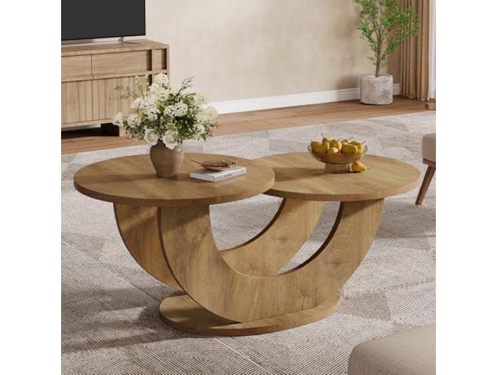 Tribesigns Runde Couchtisch, Bauernhof 2-Tier Couchtisch mit U-förmigen Rahmen, Moderne Akzent Mitte Tisch Sofa Beistelltisch für Wohnzimmer, Home Office, Natur