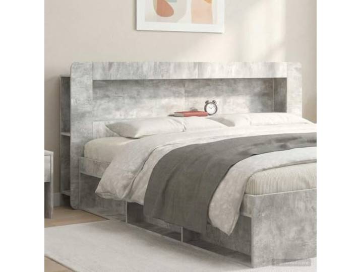 RJPLMFV Bettkopfteil, Grau, Beton, Holz Regalaufbewahrung, modernes Design, Wandbefestigung inklusive, einfache Reinigung