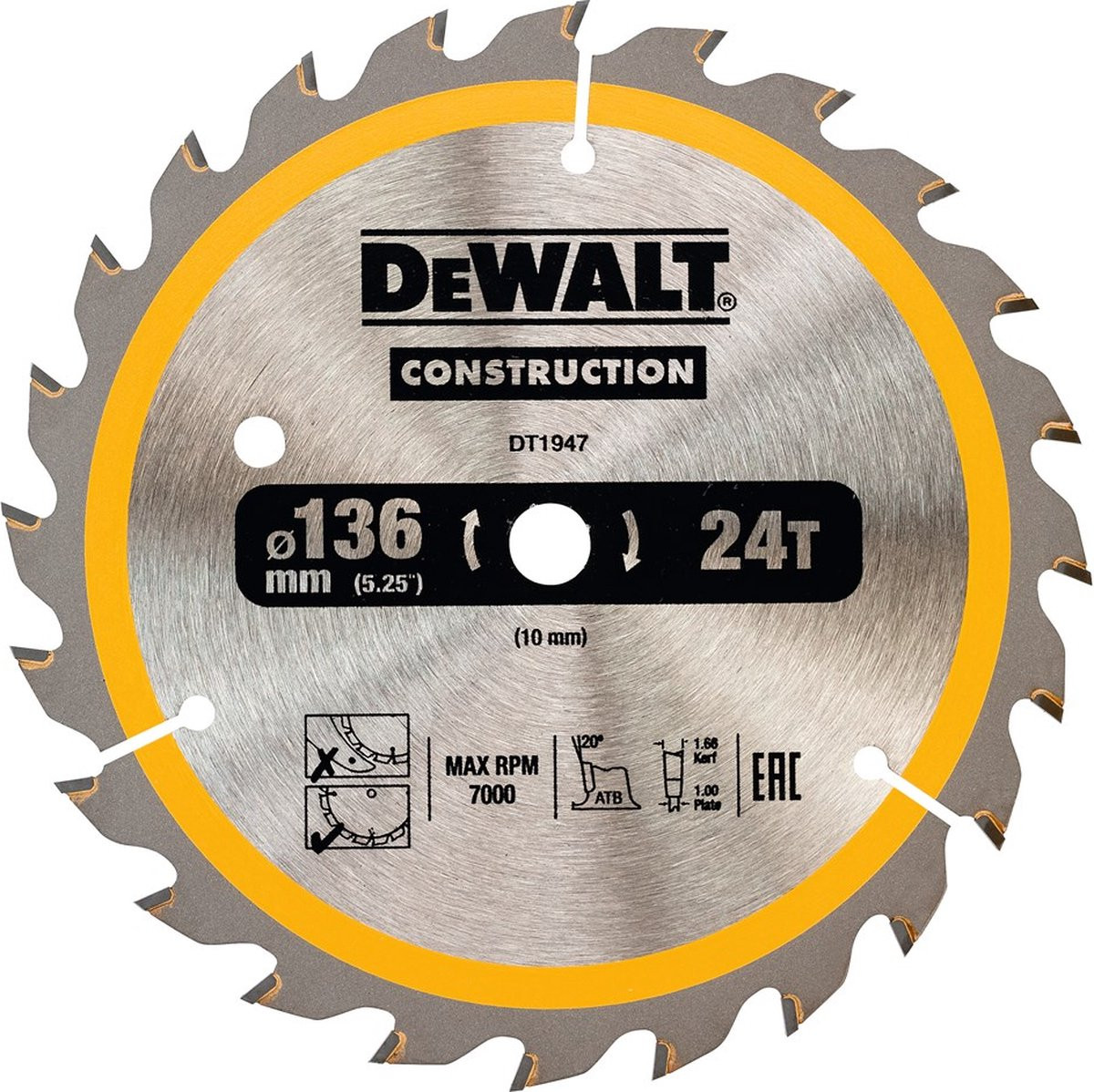 DeWALT Cirkelzaagblad voor hout Ø 136mm, Asgat 10mm, 24T, DT1947-QZ