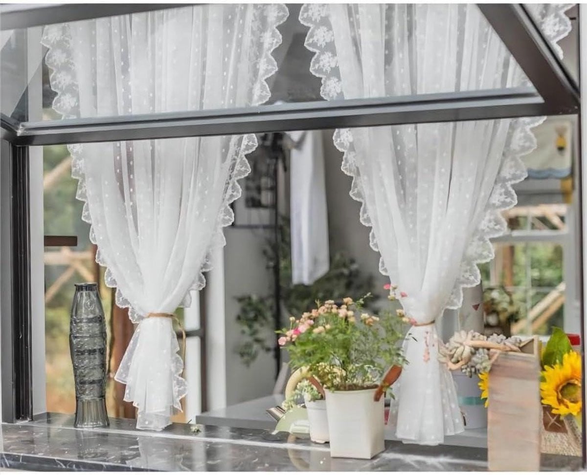 Wit Kanten Vitrage Gordijn voor Raamdecoratie in Romantische Landelijke Stijl - B: 180 cm, H: 140 cm