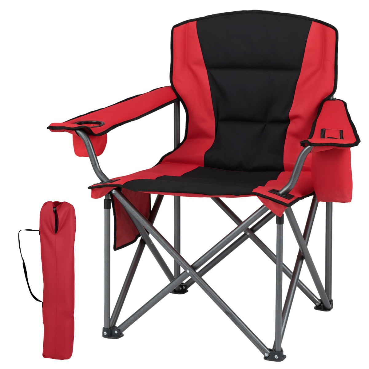 Costway Extra Grote Campingstoel met Koeltas en Bekerhouders - Rood
