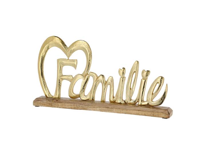 Schriftzug Familie, Aufsteller Mangoholz und Aluminium, braun, gold, 42 x 21 x 5 cm
