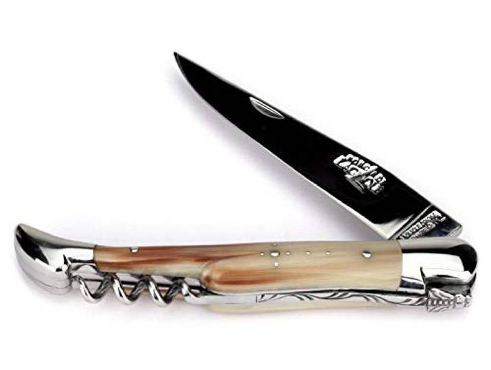 Forge De Laguiole Taschenmesser - 12 cm - Griffschalen Hornspitze - Korkenzieher - Klinge 10 cm und Backen glänzend
