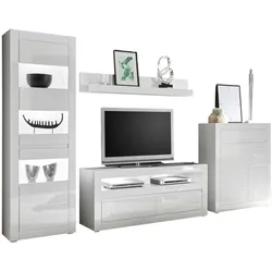 WOHNWAND weiß Hochglanz, Stone Design grau 4-teilig, Schrankwand mit Soft-Close