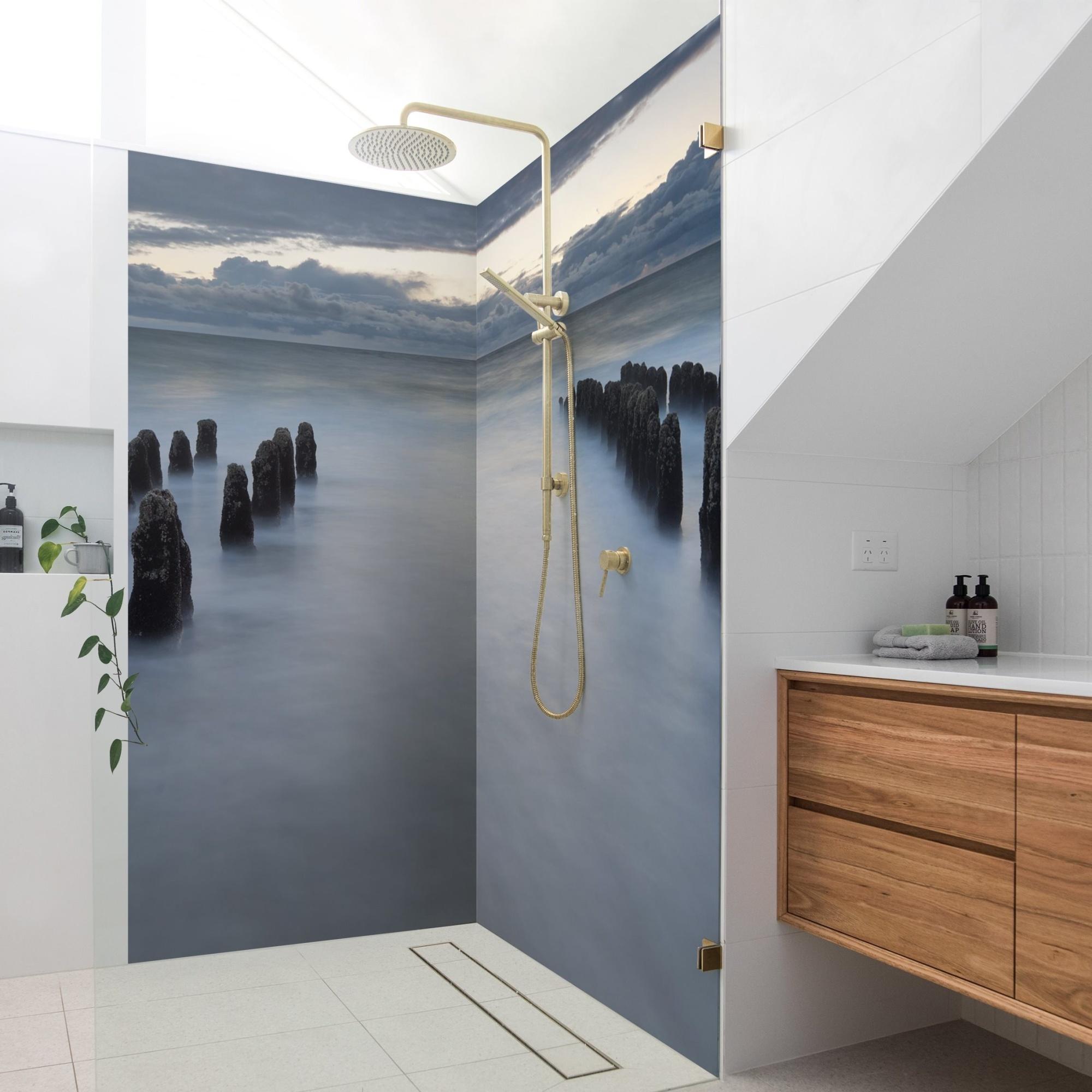 Duschrückwand Strand selbstklebend - 0.61 mm Wandpaneel wasserfest Design blau Maritim Badrückwand fugenlos Premium matt 110x210 cm