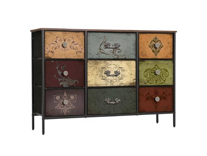 Wuynn Kommode für das Schlafzimmer mit 9 tiefen Stoffschubladen breiter TV-Schrank im Vintage-Stil, gemusterte Kommode für Schrank und Kinderzimmer
