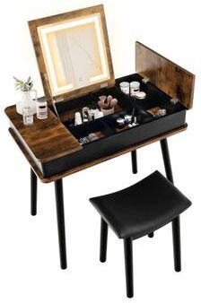 Costway Vanity Table Set with Flip Top Mirror Lights USB Writing Desk and Stool-Brown