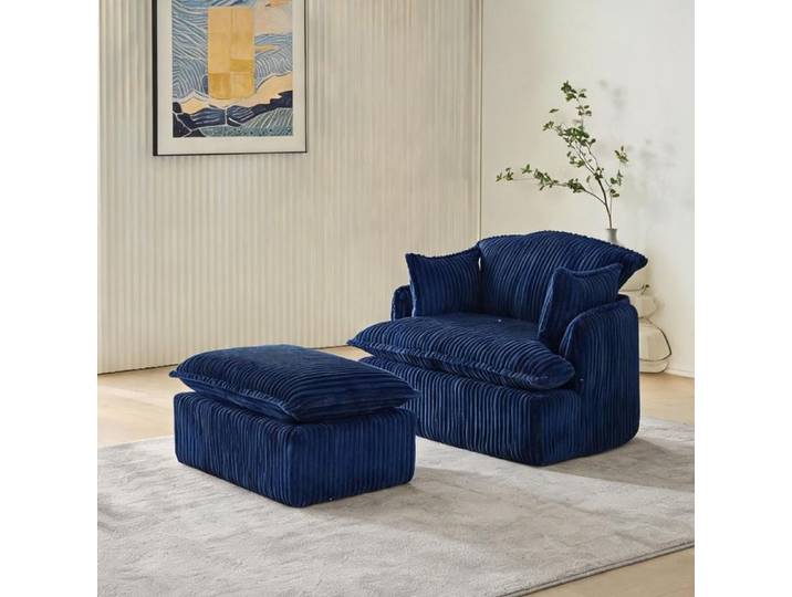 Sofa compressé 1 place blue finish en flanelle cordée avec pouf idéal petit espace