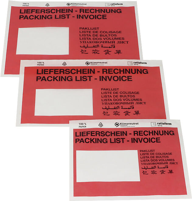 Dokumententaschen aus Papier, Aufdruck Lieferschein - Rechnung, VE 1000 Stk, LxB 175 x 131 mm, rot, ab 5 VE ratioform