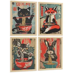 POSTER 4er Set Japanische Ramen Tier-Wandbilder Katze Fuchs und Hase Nudeln Vintage Küche Deko Rahmenlos A4