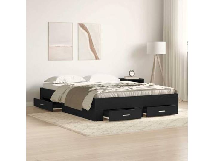 mit Stauraum und Schubladen rustikales Design Bettgestell 135 x 190 cm Bettgestell Bettrahmen Schwarz Eichen-Optik 135x190 cm Holzwerkstoff mit Schubladen Lattenrost Stauraum Doppelbett