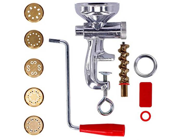 Nudelmaschine Manuell für Frische Hausgemachte Nudeln mit 5 unterschiedlichen Düsen aus Messing für die unterschiedlichen Nudelformate Spaghetti, Maccheroni, Bucatini, Caserecce und Chitarra