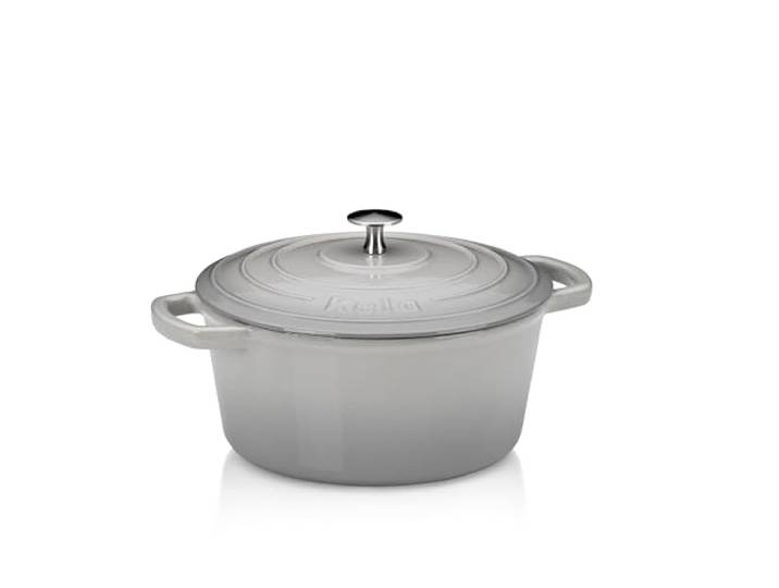 kela Bräter Gusseisen rund 3,8 Liter, Dutch Oven CALIDO, Induktion Gussbräter mit Deckel, Gusseisen Topf Brot backen, emailliert, hellgrau