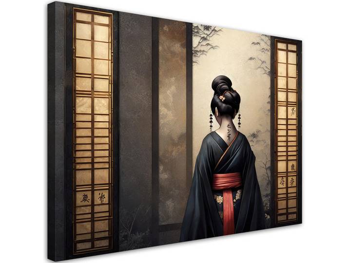 Feeby Leinwandbild Japanische Geisha 100x70cm, Gelb, Orientalisch, Rechteckig, 100x70 cm, Bilder & Rahmen, Bilder, Leinwandbilder
