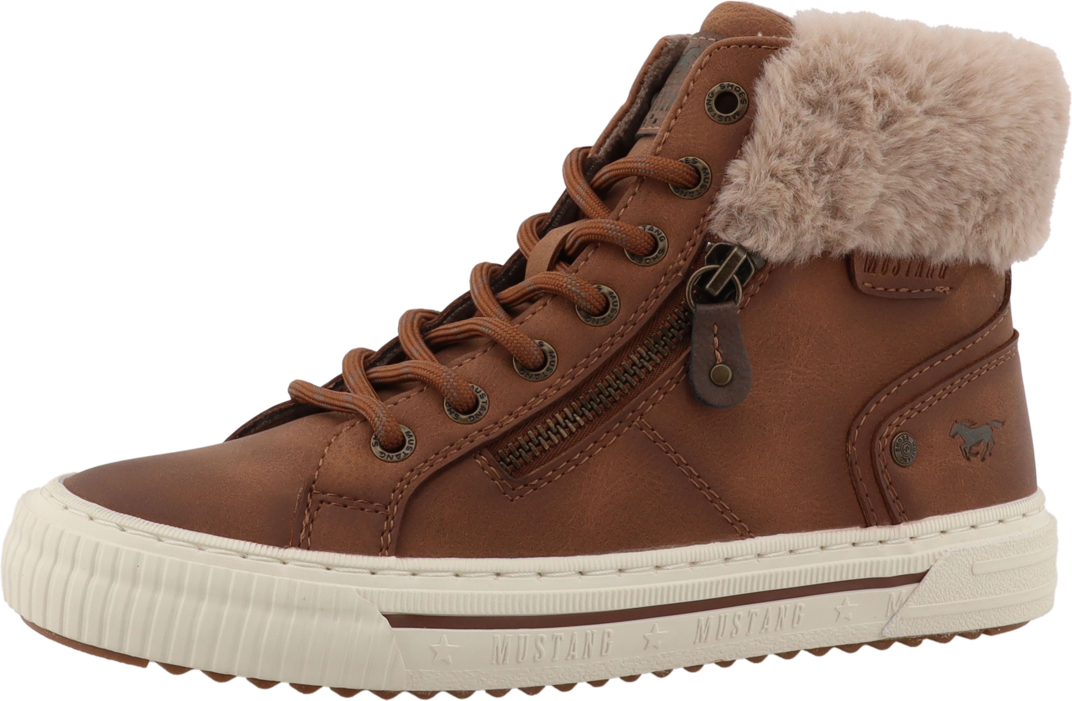 Winterboots MUSTANG SHOES "Kalua", Damen, Gr. 41, wärmend, braun (cognac), Lederimitat, Textil, Schuhe Winterboots, Plateausneaker, Winterboots mit Reißverschluss