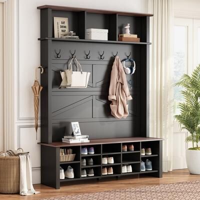 AISWORD Farmhouse 4-in-1 Hall Tree with 6 Hooks,Walnut Entryway Bench with Adjustable Shelves,Wooden Shoe Organizer with 16 Compartments