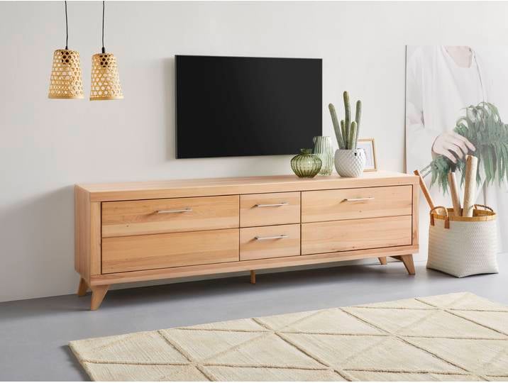 Lowboard, Braun (Buche), 211x55x42 cm, Massivholz & Spanplatte, Softclose, Modern