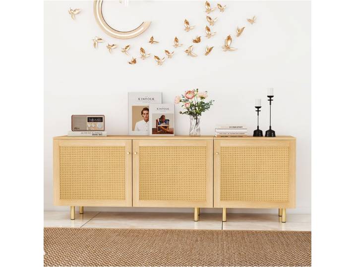 Buffet bas modulaire – 3 portes – aspect bois naturel – façades style rotin – 180 x 40 x 63 cm