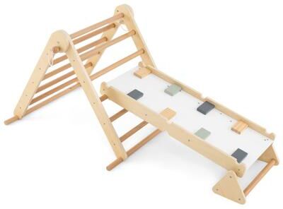 Costway 3-in-1 Pikler Triangle Climbing Set Kids Foldable Montessori Toys with Ramp-Natural