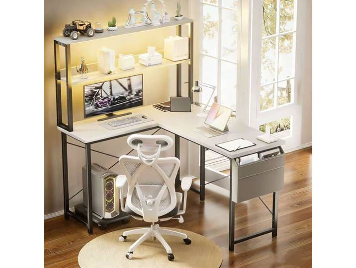 Bureau d'ordinateur en angle L blanc 148cm avec étagère double étage support mobile unité centrale pochette rangement tissu
