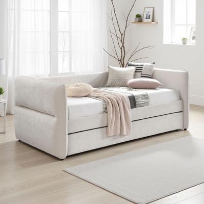 Benjara Wemy Daybed w Pull Out Trundle, Modern Ivory Chenille Upholstery