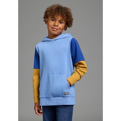 Kapuzenshirt SCOUT "Shirt in colorblocking Design - NEU von SCOUT", Jungen, Gr. 128/134, blau, beige, Interlock, Obermaterial: 100% Baumwolle, bedruckt, Basic hüftlang, abgesteppte Kante, Shirts Kapuzenshirt, Kapuzenshirt mit kontrastfarbigen...