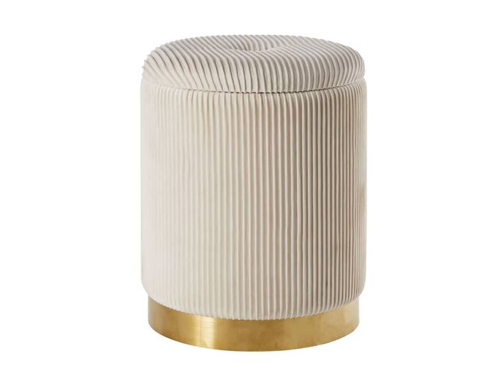 Tabouret coffre en velours plissé blanc et doré