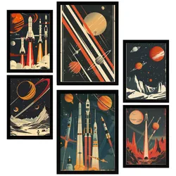 POSTER Set Mit 6 Raumschiff Rakete Planeten Vintage Rot & Blautöne A3 & A4 Schwarzer Rahmen