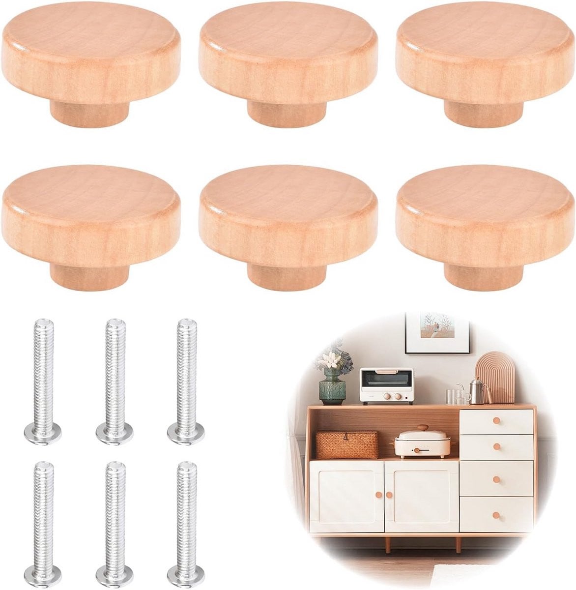 Houten Ladeknoppen 38 mm Vintage Stijl - Ronde Kastgrepen voor Keuken en Meubels - Set van 6