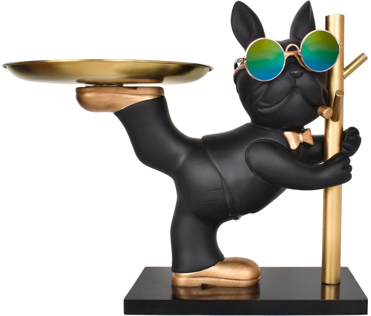 NTHProducts Decoratieve Bulldog Tray - Multifunctionele Opbergtray - Zwart - Hars met Roestvrij Staal