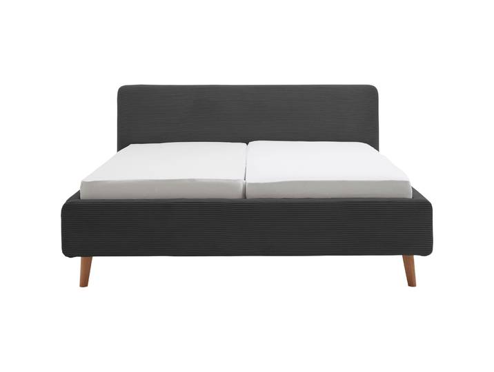Bett Senja Anthrazit, Natur Stoff, Eiche Massivholz 140 x 200 cm - Bett