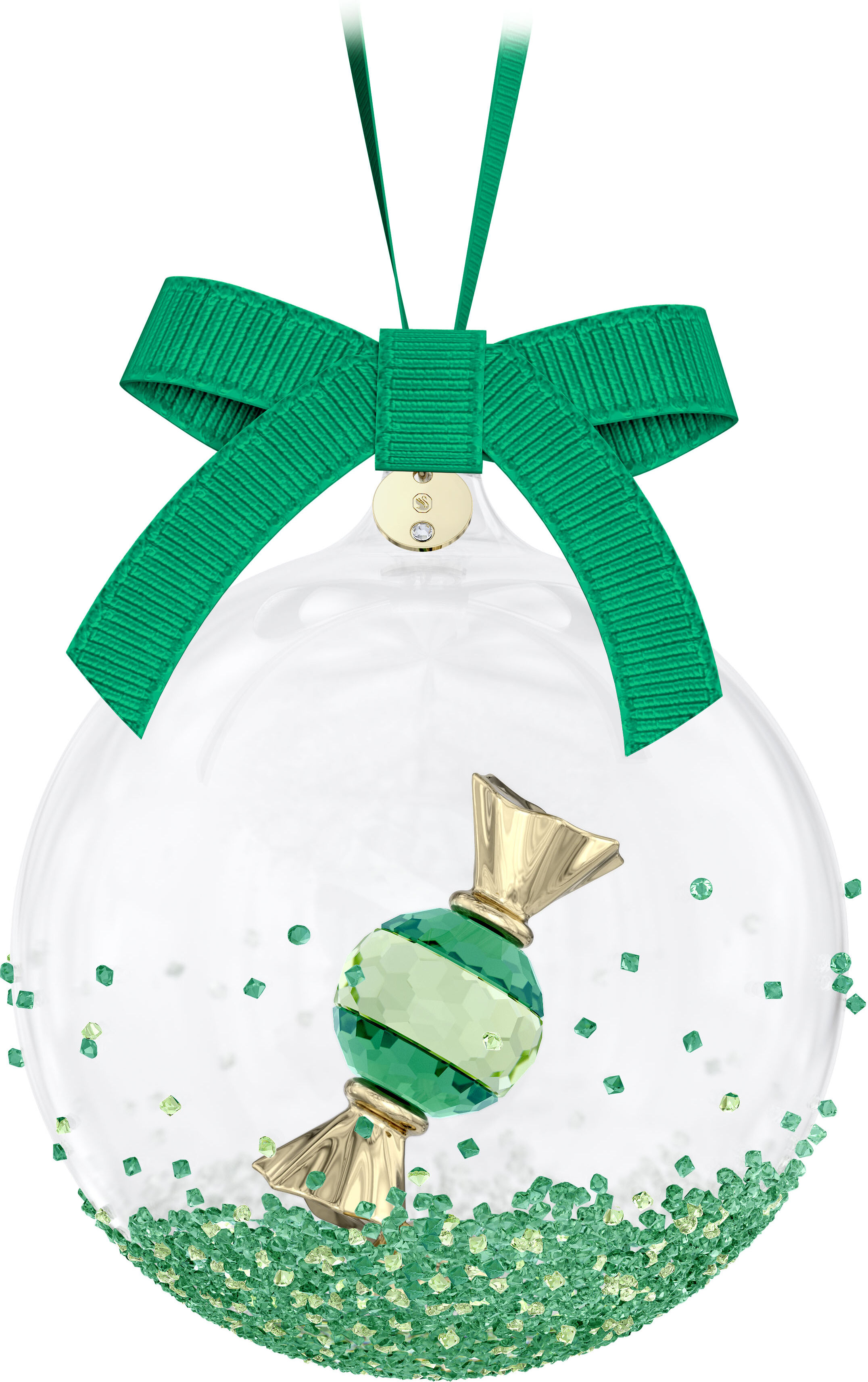 Dekohänger SWAROVSKI "Sammelfigur Holiday Cheers Dulcis Weihnachtskugel", grün (kristallweiß, grün gelb, goldfarben), Dekohänger, B/H/T: 8cm x 10cm x 8cm, Kristallglas, Metall, Polyester, Swarovski Kristall, B:8cm H:10cm T:8cm