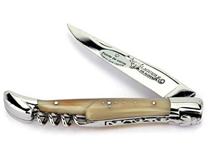 Laguiole en Aubrac Taschenmesser L0312PCIF, 12 cm, Backen glänzend, Korkenzieher, Griff Hornspitze