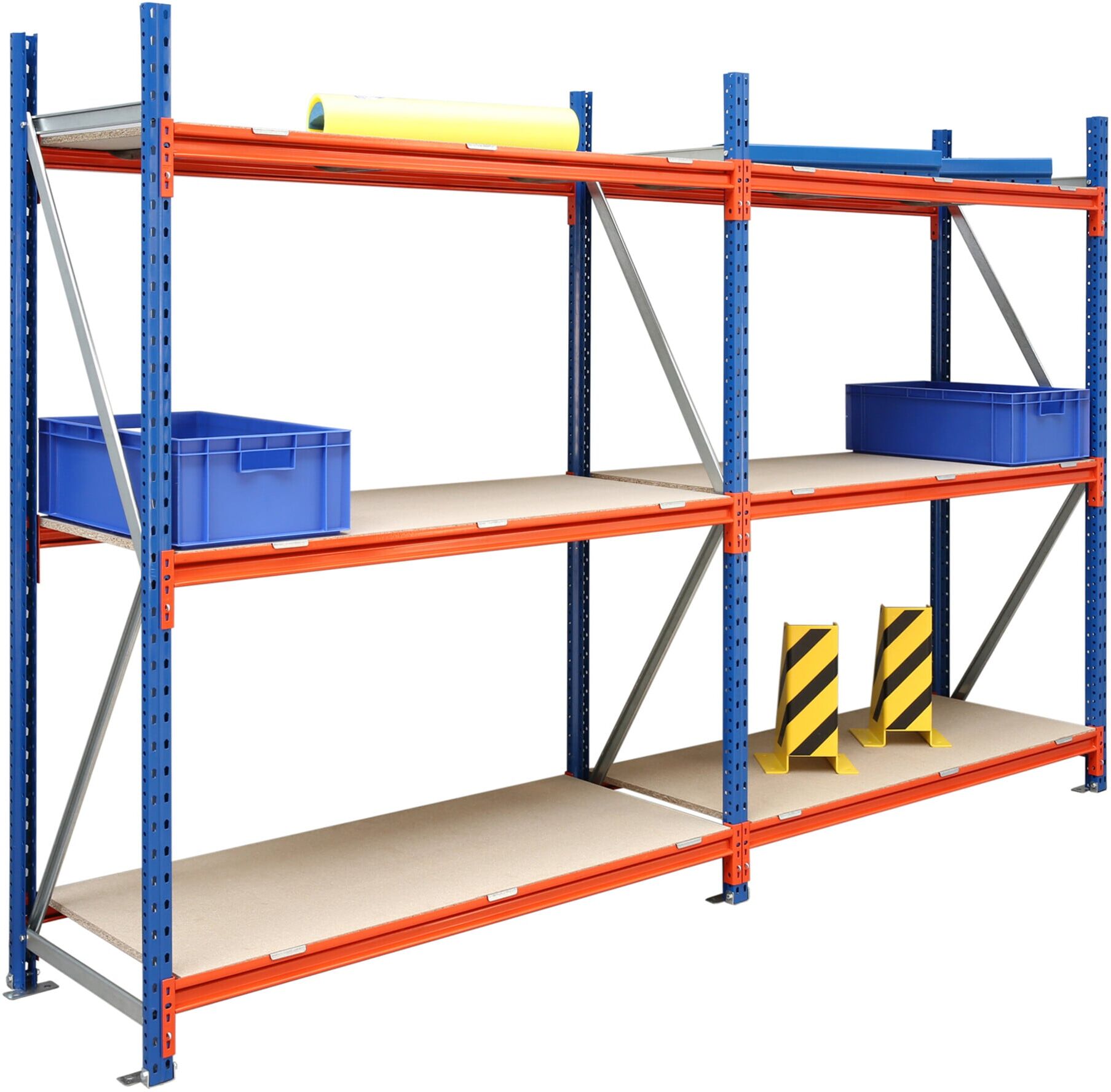 Regalwerk EMMA Weitspannregal Holzeinlage Anbaufeld HxBxT 2000x2700x600 mm Rahmen RAL 5010 (B7-90107-60)