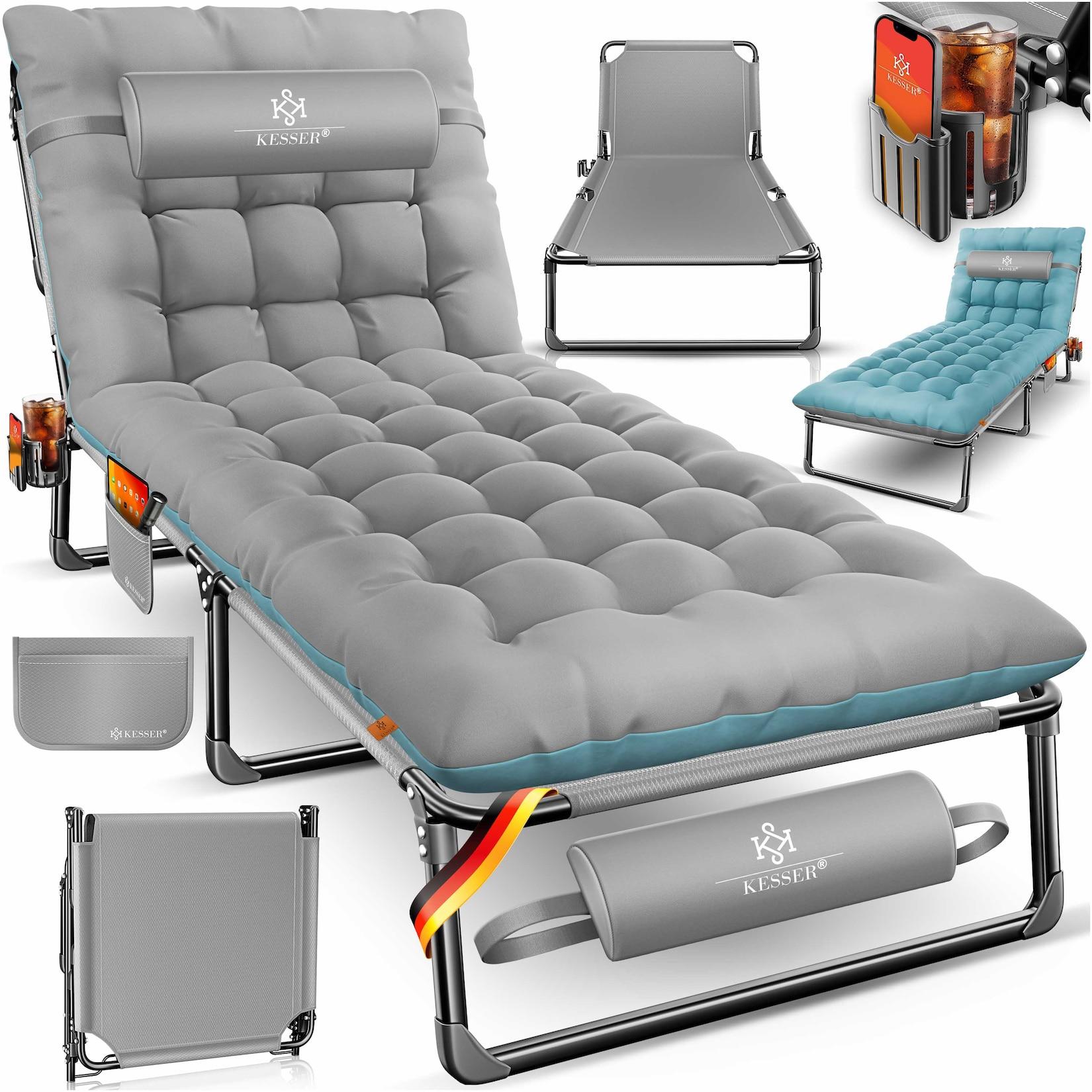 KESSER® Campingbett klappbar mit Tragetasche, Nackenkissen, Vakuumtasche & Getränkehalter, 190 x 68 x 30 cm bis 250 kg belastbar, aus Oxford-Gewebe und stabilem Stahlgerüst, ideal für Garten Camping