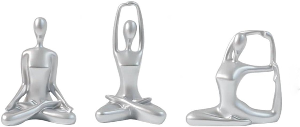 Set van 3 handgemaakte zilveren yoga figuren voor als unieke tabletop woondecoratie