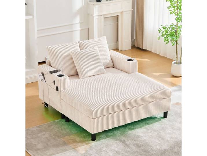 Fauteuil relax - ZEVKOR - XXL - velours côtelé beige - USB & porte-gobelet - LED multicolore