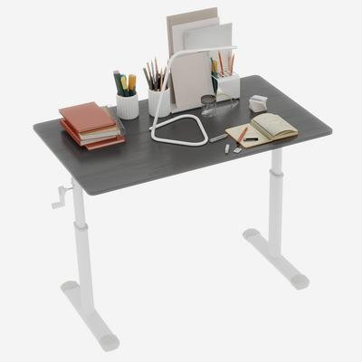 OKWISH Schreibtisch höhenverstellbar Kurbel 90x100x60 cm Grau kompakt für Homeoffice Arbeitszimmer, Metall Holz, stabiler Doppelstützrahmen