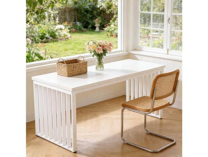 Bureau double blanc 180 x 60 cm – Bureau informatique en métal et MDF – Style industriel