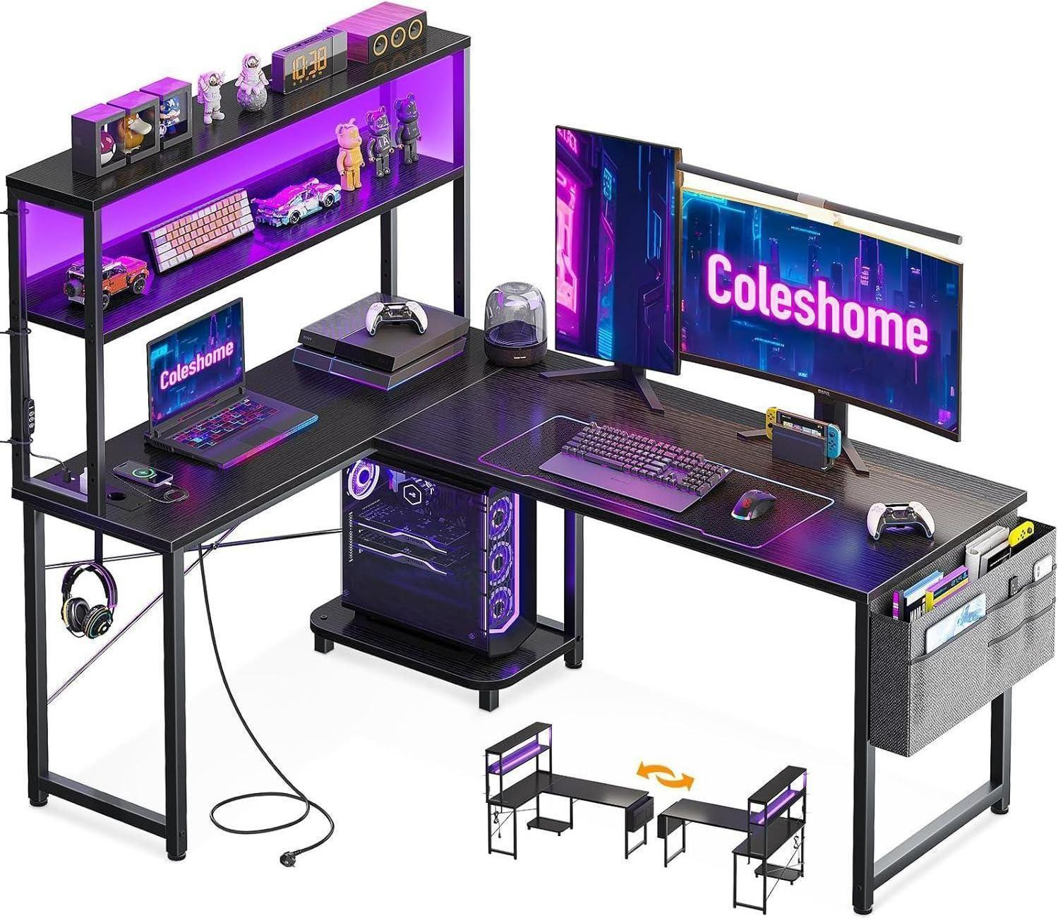Coleshome L-vormig bureau met LED-verlichting en stopcontacten
