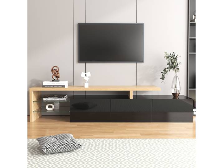 Meuble TV moderne PINGGO, finition noir brillant, verre optique en bois, éclairage LED au sol, élégance stylée, rangement pratique