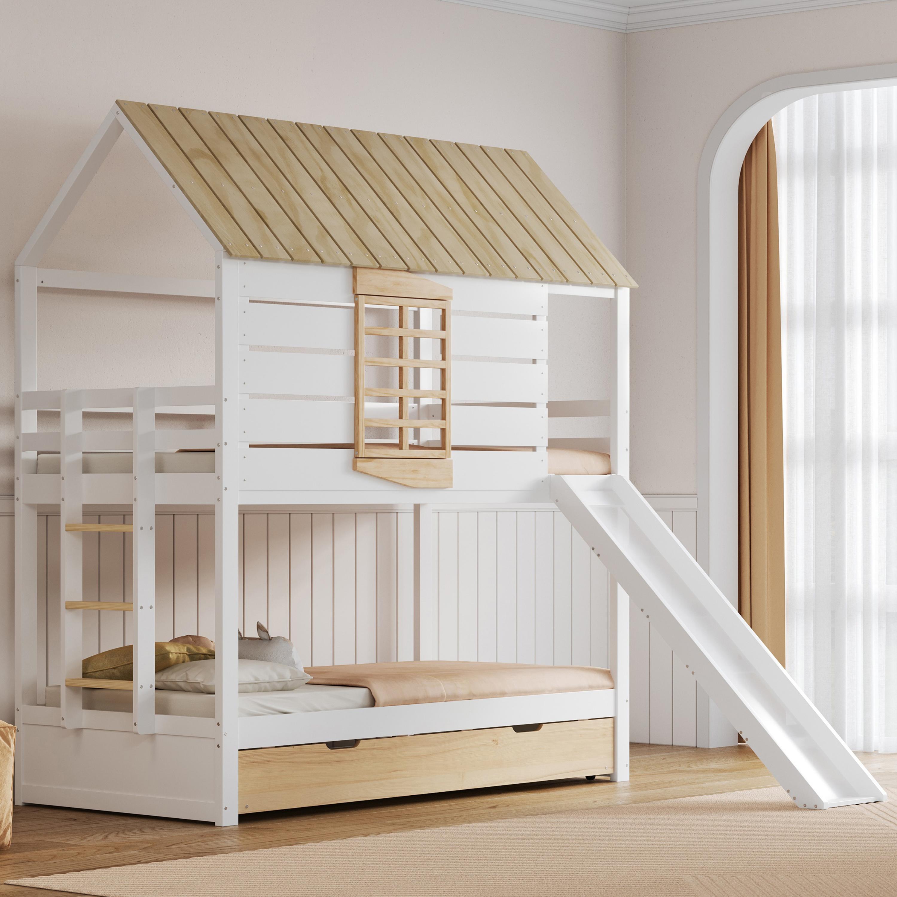 Merax Haus-Etagenbett 90x200 mit Ausziehbett, Kinderbett mit Rutsche und 2 Schubladen, Holz Jugendbett für 3 Kinder, Stockbett, Hochbett, Weiß+Natur