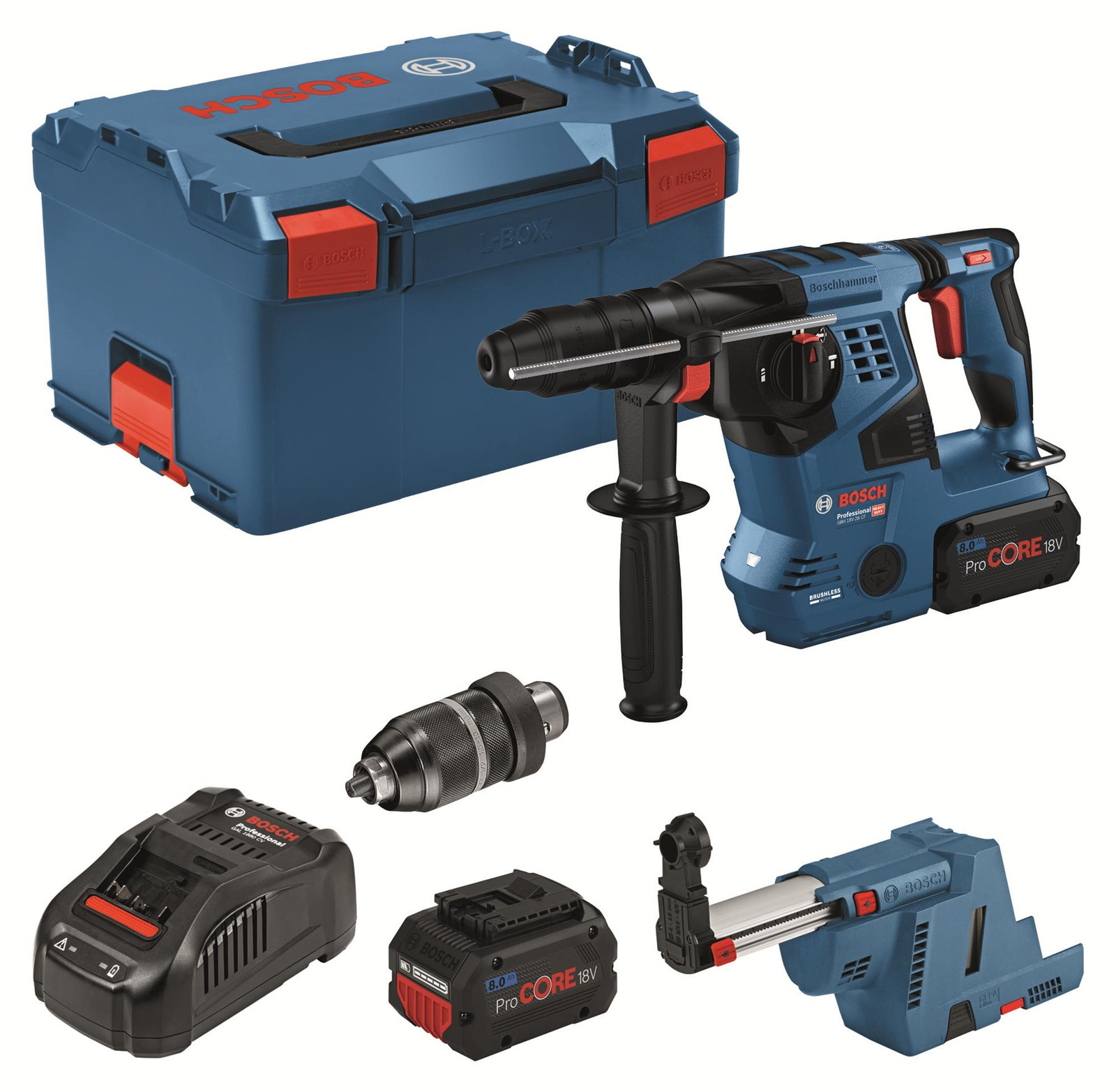 Bosch Professional GBH 18V-28CF boorhamer met GDE 18V-16 afzuigapparaat, 2 ProCore 8.0Ah accu's en lader, L-Boxx 0611921003