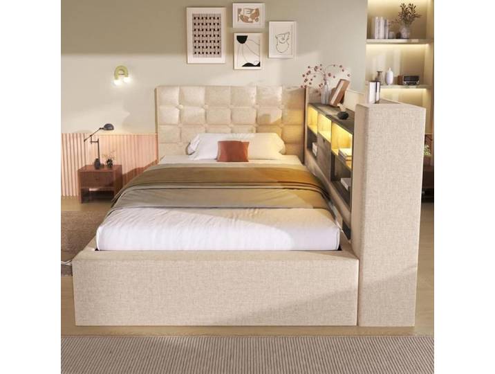 Lit - KOMHTOM - 90x200 - Lin beige - LED télécommandable - Coffre hydraulique