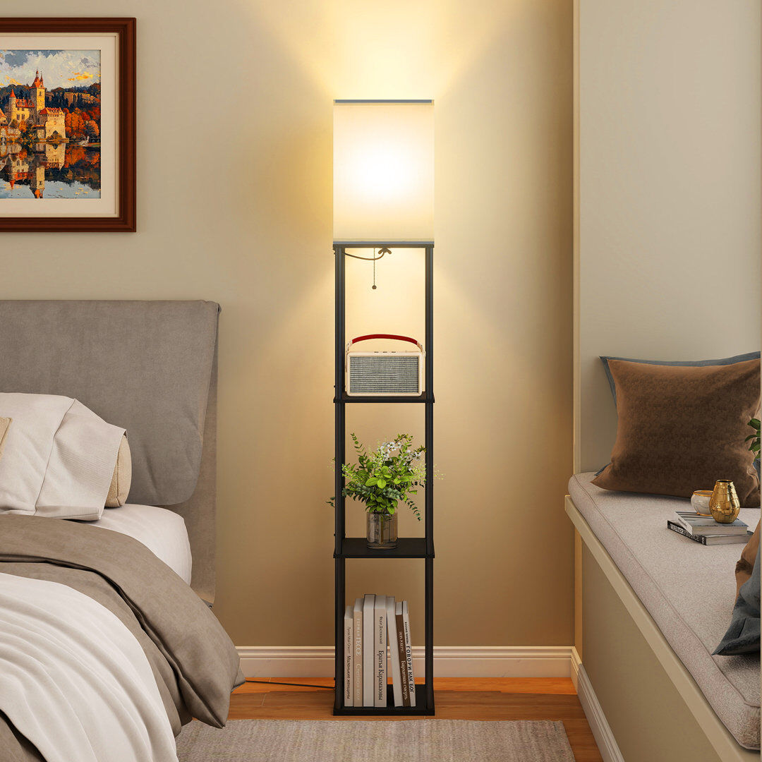 17 Stories 158cm Floor Lamp With 3 Shelves, Standing Light with White Lampshade, Reading Lamp. Living Room Black 158cm H X 26cm W X 26cm D