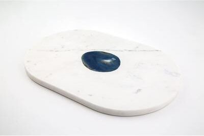 CounterArt Oval Marble Serving Board with Agate Inlay, White/Blue